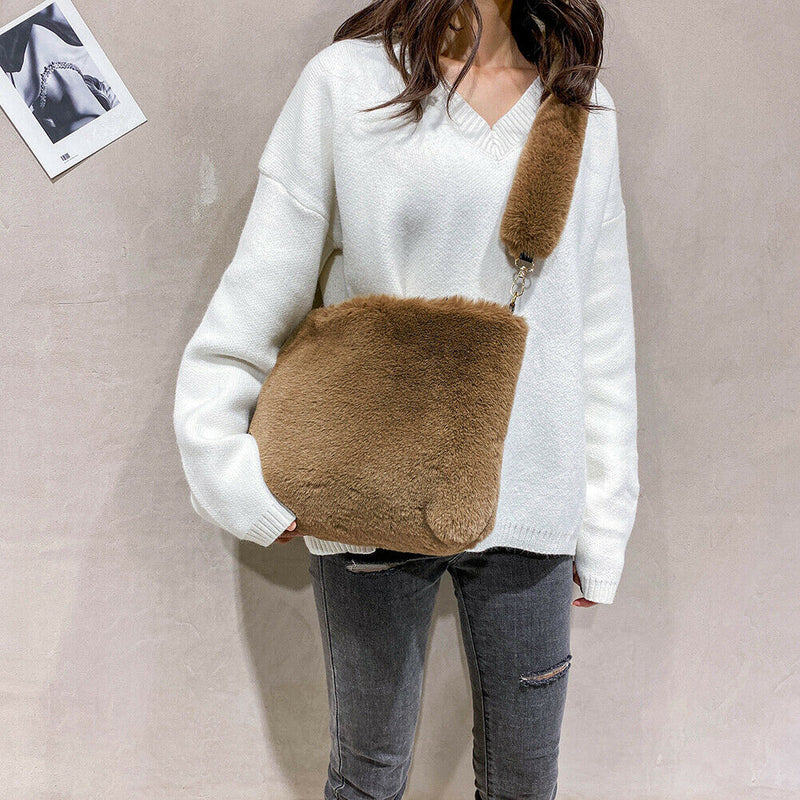 Women Plush Messenger Bag Big Capacity Fluffy Shoulder Handbags (Brown)