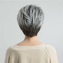 Women 10 inches Natural Gray Synthetic Short Straight Layered Wigs with Bangs