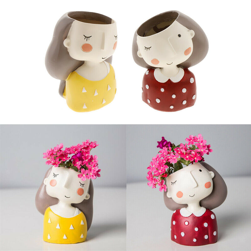 2Pcs Mini Ceramic Succulent Pot About Cute Smile Girl Pots for