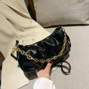 Solid Pleated Women Shoulder Bag PU Clear Chain Crossbody Handbag (Black)