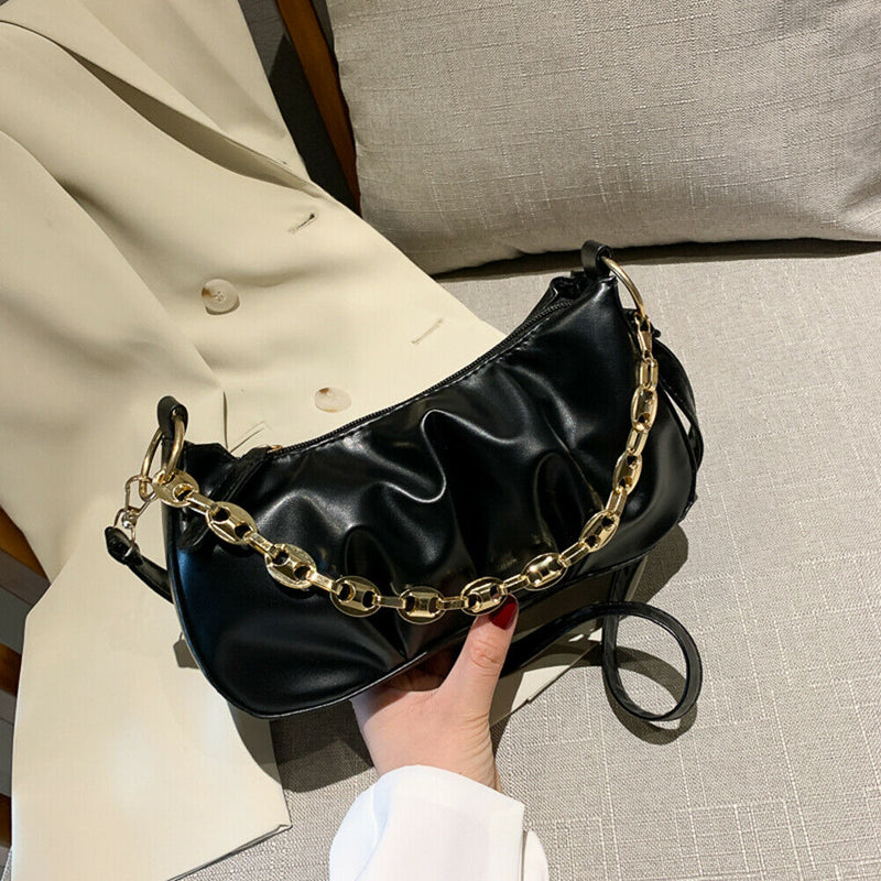 Solid Pleated Women Shoulder Bag PU Clear Chain Crossbody Handbag (Black)