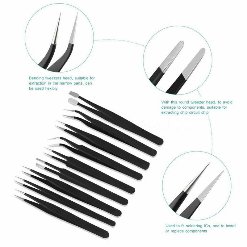 9pcs Precision ESD Anti-Static Stainless Steel Tweezers Kits for Electron TBO