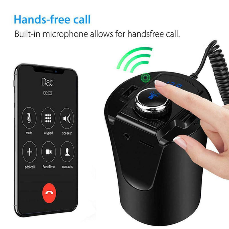Cup Car Charger 2 USB 3.5mm Bluetooth Handsfree Call MP3 FM Transmitter Receiver