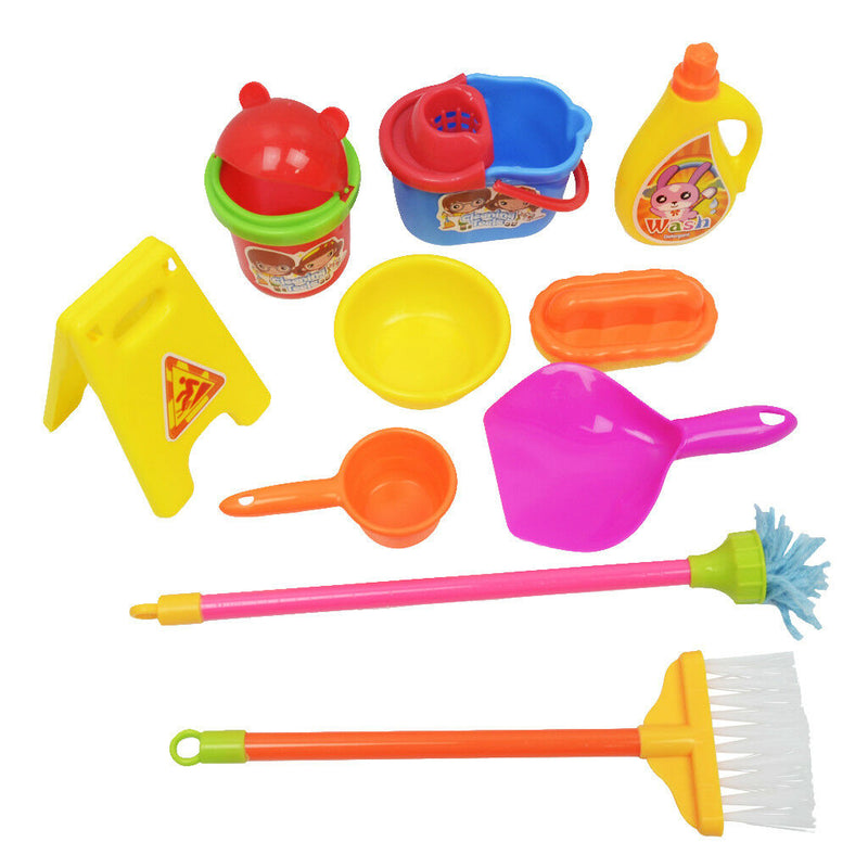 10xKids Pretend Play Cleaning Set-Bucket Broom Mop Duster Brush Dustpan Toys