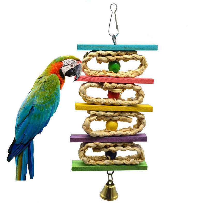 Hanging Cage Bite Swing Climb Parrot Bird Toys Useful Wooden Grass Chewing Bite