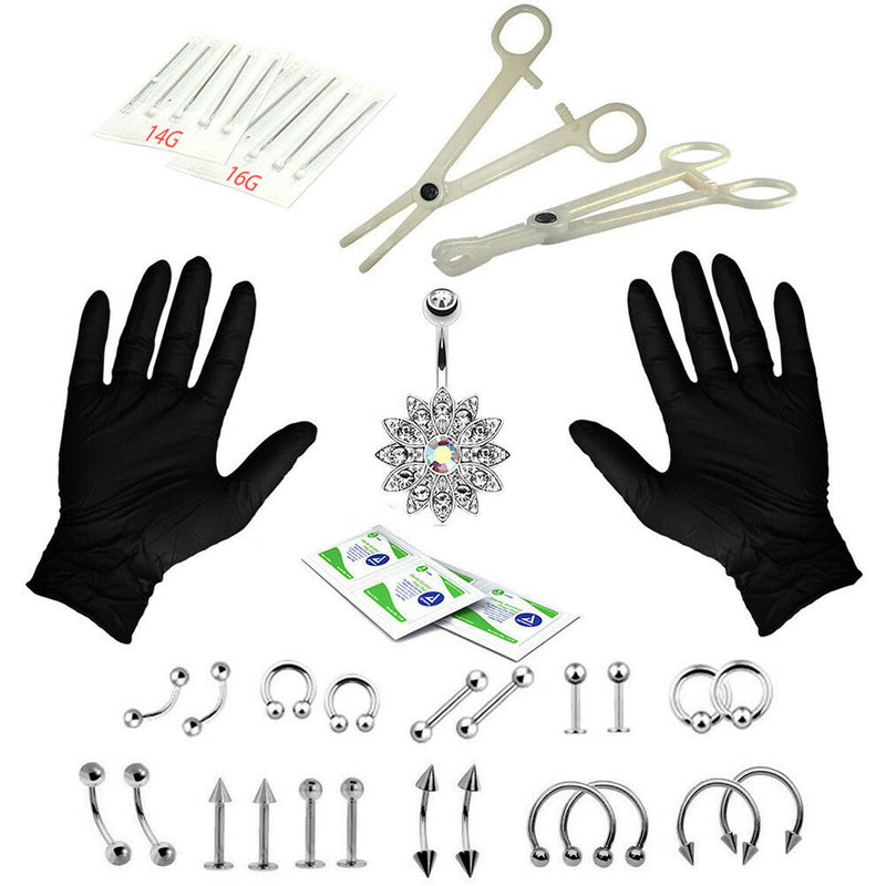 41PCS Professional Body Piercing Tool Kit Ear Nose Navel Nipple Needles Set FT