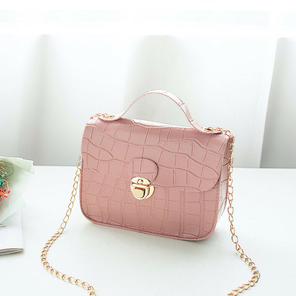 Retro Women Crossbody Handbag Stone Pattern PU Chain Shoulder Bags (Pink)