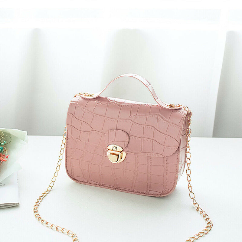 Retro Women Crossbody Handbag Stone Pattern PU Chain Shoulder Bags (Pink)