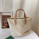 Splicing Leather Plush Casual Shoulder Top-handle Bag Autumn Handbag for Female