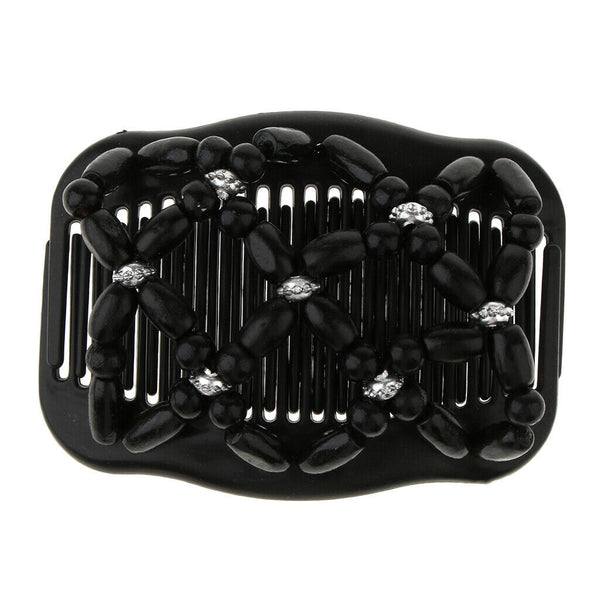 2 Pack Elastic Double Clips Hair Comb  Wooden Beads Stretching