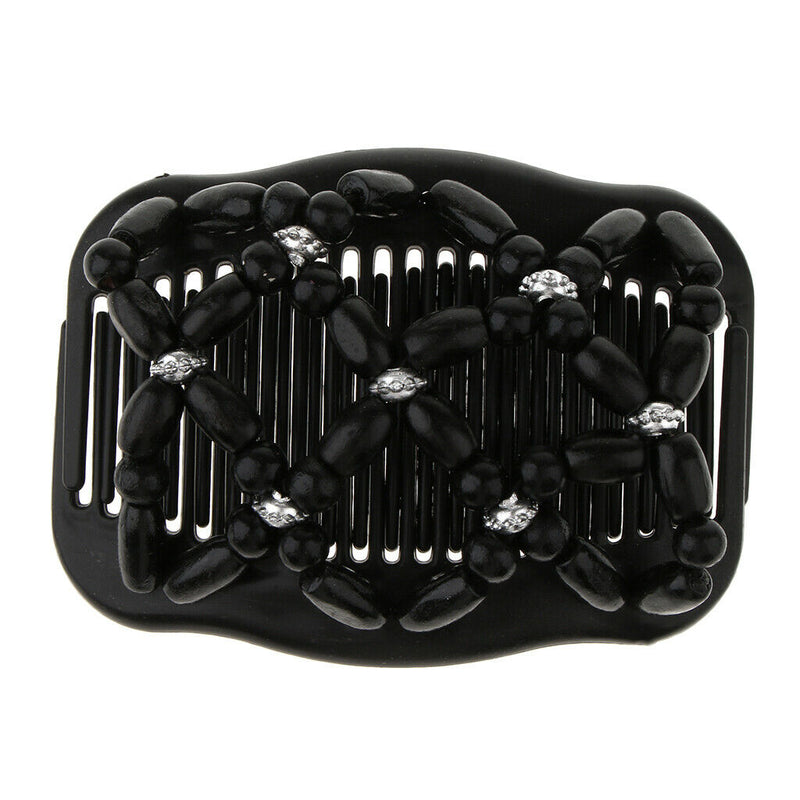 2 Pack Elastic Double Clips Hair Comb  Wooden Beads Stretching
