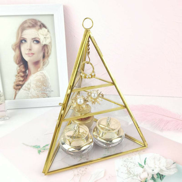 3-Tier Glass Pyramid Jewelry Stand Holder Geometric  Display Organizer Case