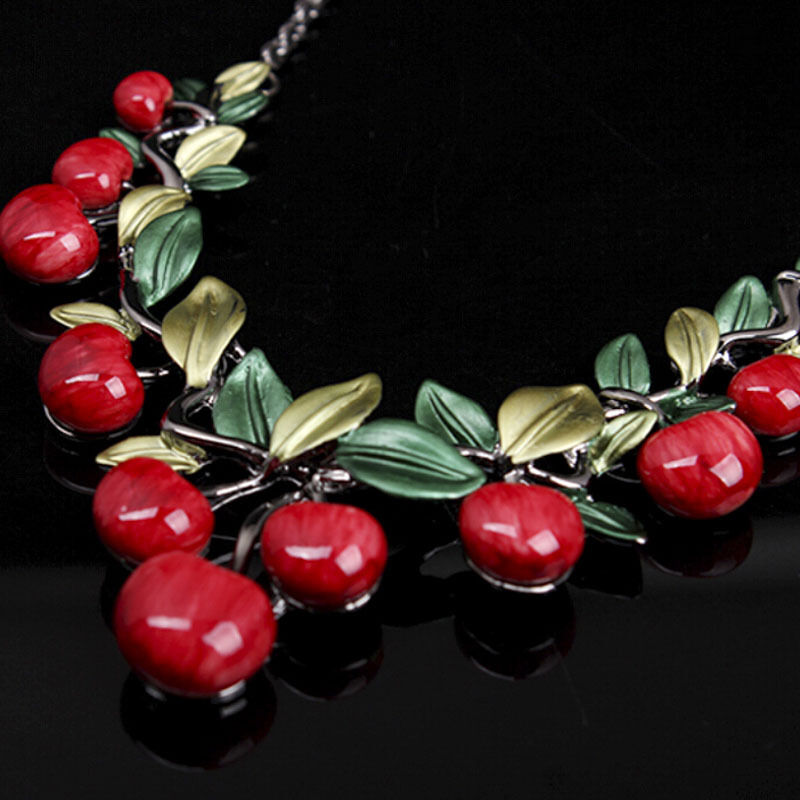 1 Set Fashion Red Cherry Jewelry Set Metal Bridal Necklace Earrings Chic D6DTEUS