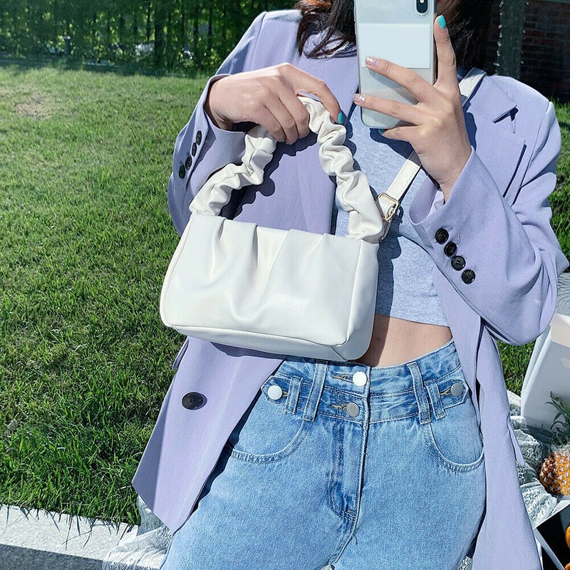 Women Candy Color Shoulder Bags Pleated Ruffle PU Totes Handbag (White)