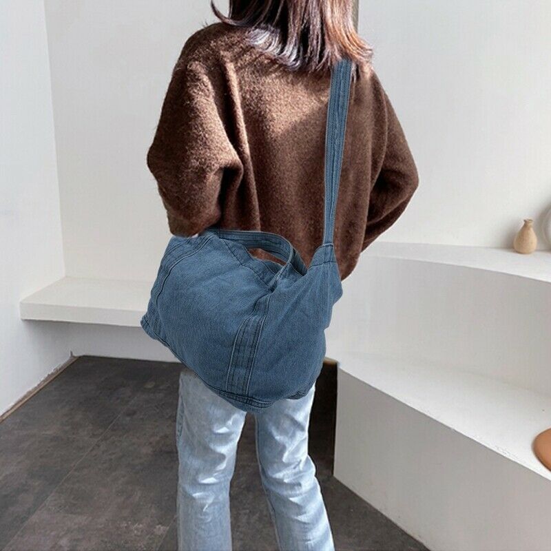Denim Slouch Bag Casual Jean Fabric Handbag Leisure Korean Style Fashion Ja X1Y5