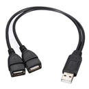 38cm USB 2.0 A Male to Double Female Power Cord Adapter Cable Extension Lead