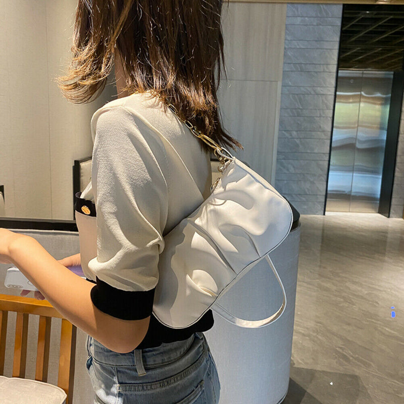 Solid Pleated Women Shoulder Bag PU Clear Chain Crossbody Handbag (White)