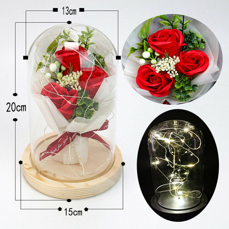 LED Night Lights Ornaments Three Rose Flower Glass Dome Fairy String Lights