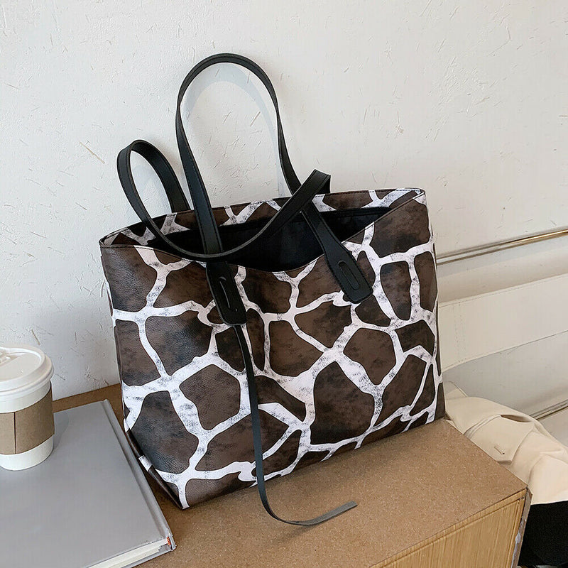 Women Leopard Handbags Fashion PU Leather Large Capacity Shoulder Tote Bag
