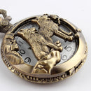 Unisex Bronze Wolf Hollow Quartz Pocket Watch Necklace Pendant Chain Women Men*
