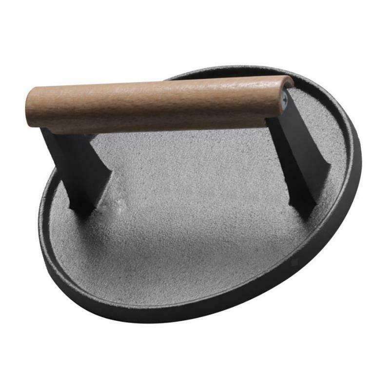 1x Professional BBQ Steak Meat Grill Press Cast Iron W/Wooden Handle