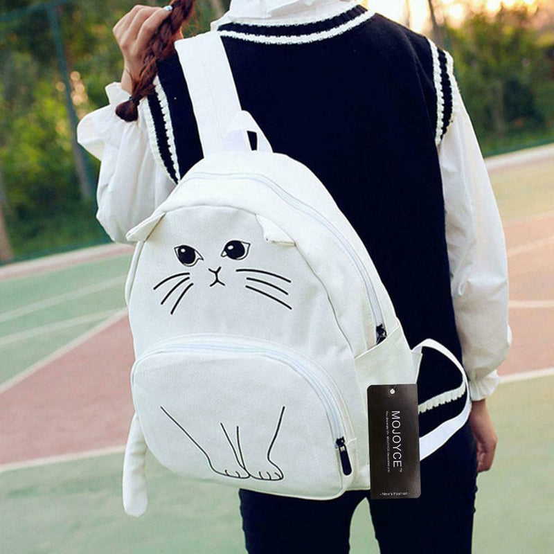 Women Canvas Lovely Cute Cartoon Cat Backpack Students School Bag(White)