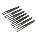 7pcs Black Plastic Antistatic Flat Bottomed Top End Tweezers Hand Tools Set