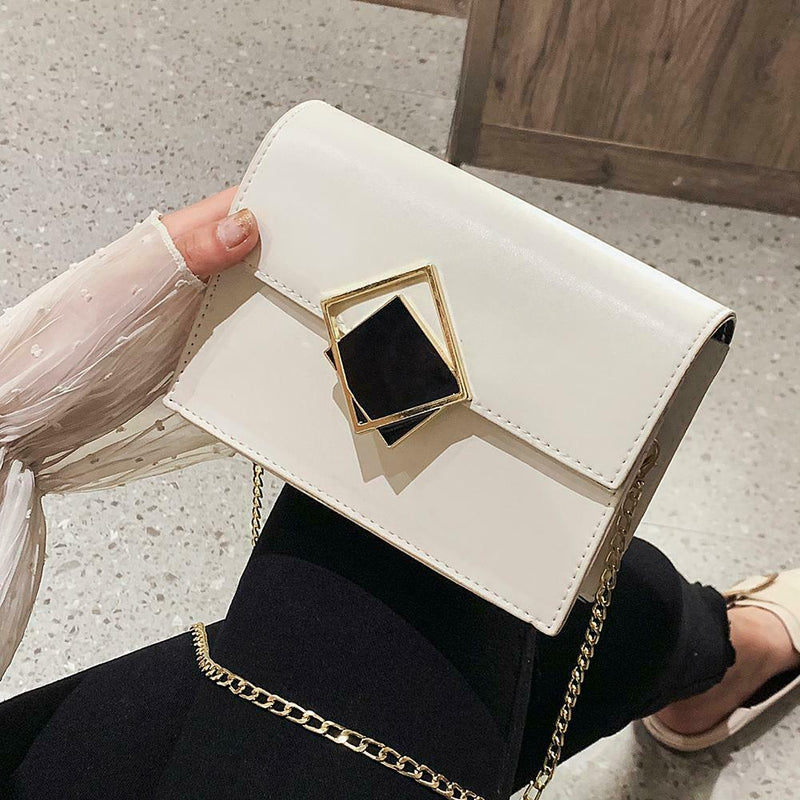 Solid Color Chain Shoulder Handbags Women PU Leather Crossbody Bags (White)