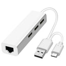 USB+USB 3.1 Type-C HUB Splitter Portable 480Mbps 3 USB 2.0 RJ45 Internet Adapter