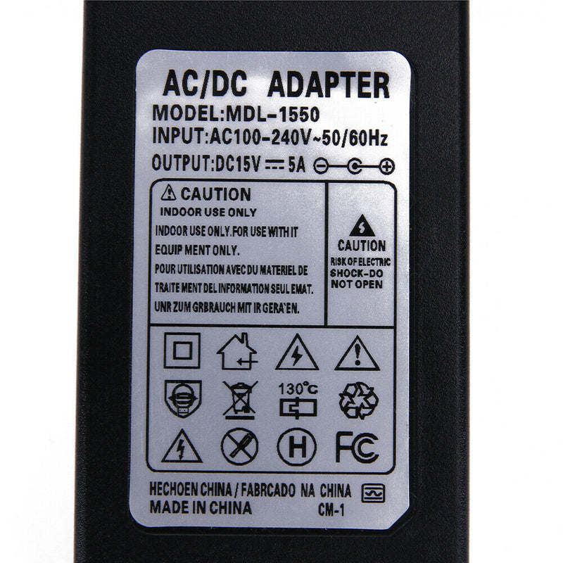 15V 5A AC to DC Power Adapter Dual Cable Converter Universal 5.5x2.1-2.5mm