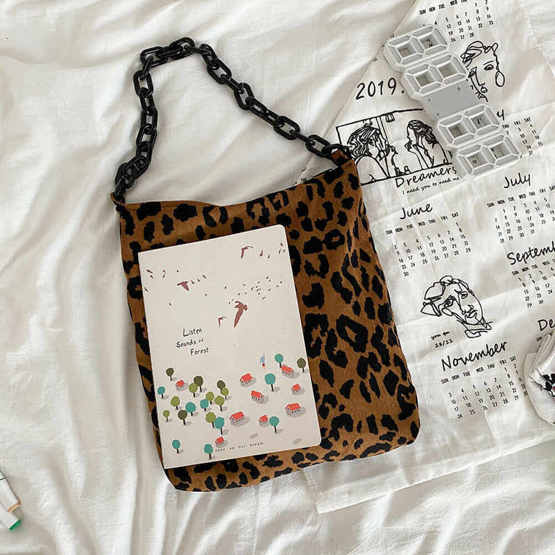 Fashion Corduroy Handbag Chain Totes Lady Shoulder Shopping Bag (Leopard)