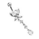 Crystal Butterfly Dangle Ball Barbell Bar Belly Button Navel Ring White
