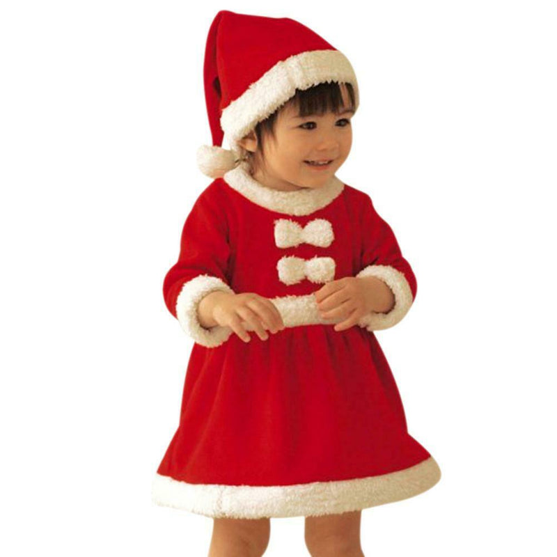 2pcs Christmas Dresses Set Girls Baby Cute Warm Costume Hat (6-12M) A