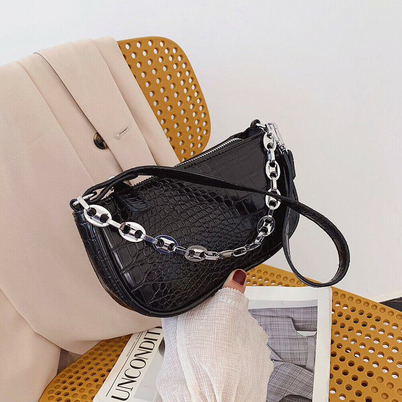 Alligator Pattern Shoulder Totes Bag Women Leather Chain Handbag (Black)