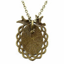Woman Girl Flower Bird Print Ellipse Pendant Lobster Clasp Necklace Bronze