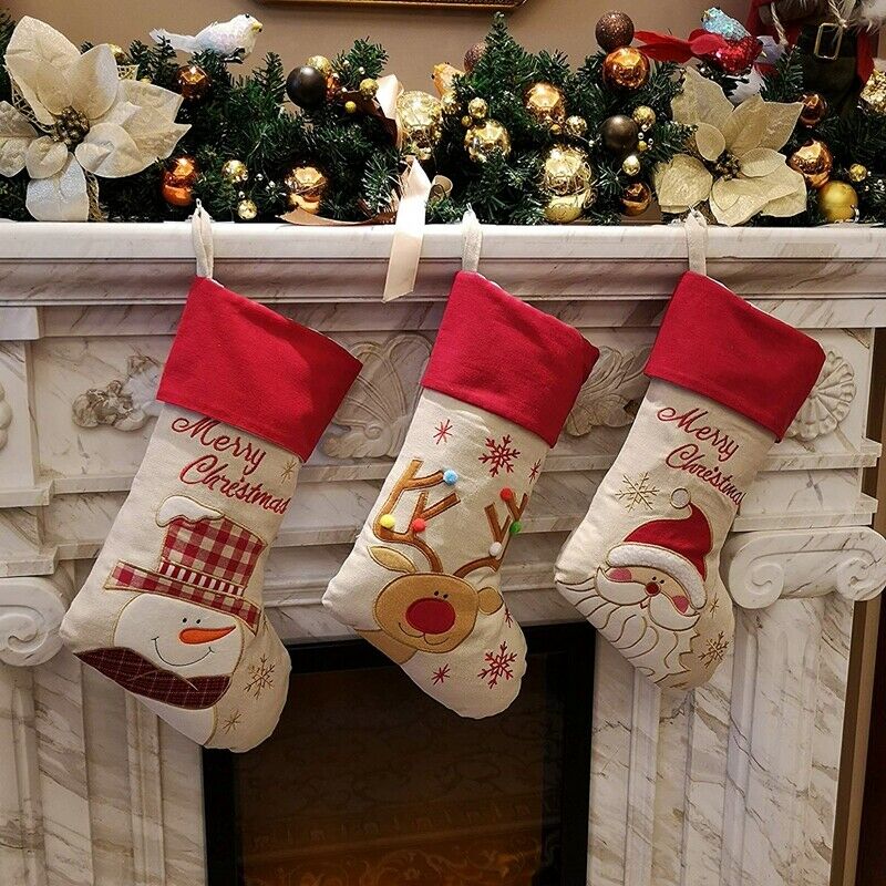 Lovely Christmas Stockings Set of 3 Santa, Snowman, Reindeer, Xmas Characte Y1H8