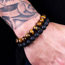 2Pcs Men Boyfriend Classic Lava Rock Tiger Eye Gem Stone Beaded Healing Bracelet