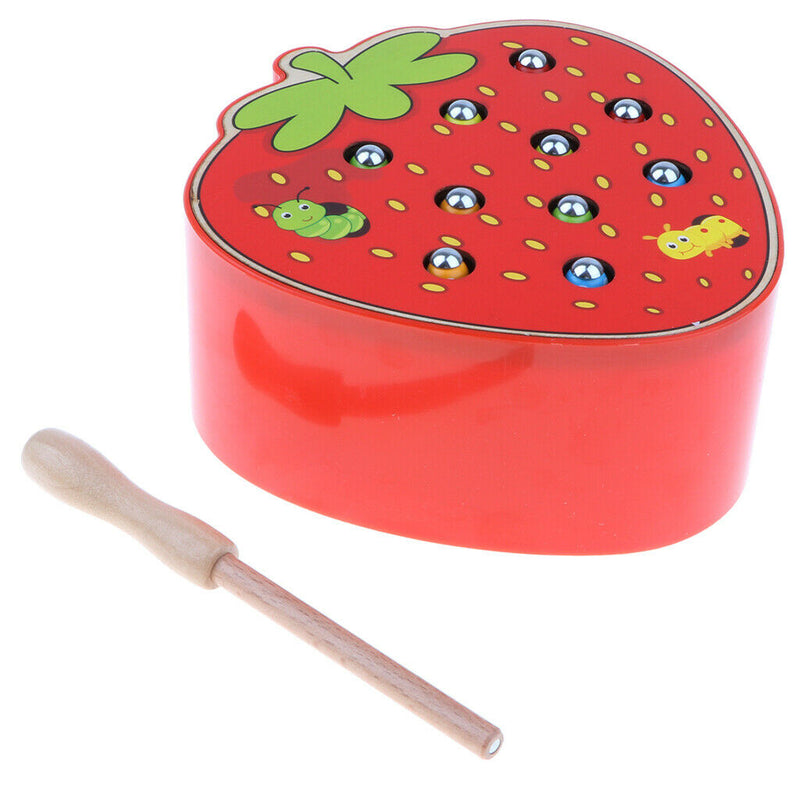 Wooden Fishing Game Set, with Strawberry Base, Rod and Caterpillar Worms, Magnet