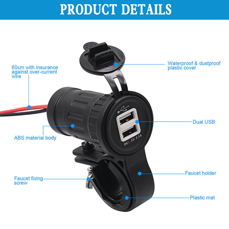 Waterproof Motorcycle Handlebar Charger 3.1A Dual USB Socket Power Adapter