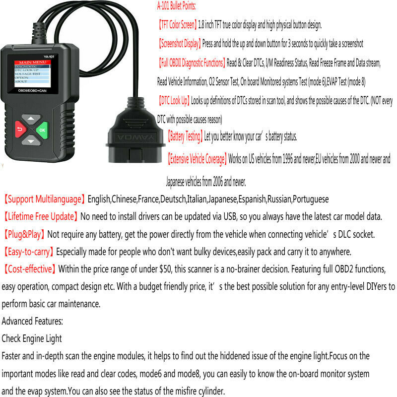 Automotive Scanner OBD Code Reader Car Check Engine Fault Diagnostic ToolSEAU