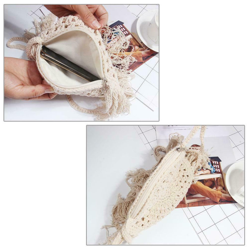 Woven Tassel Shoulder Handbags Women Round Knit Beach Crossbody Bag (White)