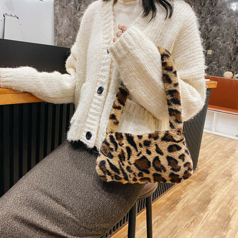 Animal Pattern Underarm Bag Women Mini Plush Shoulder Handbags Purse (7)