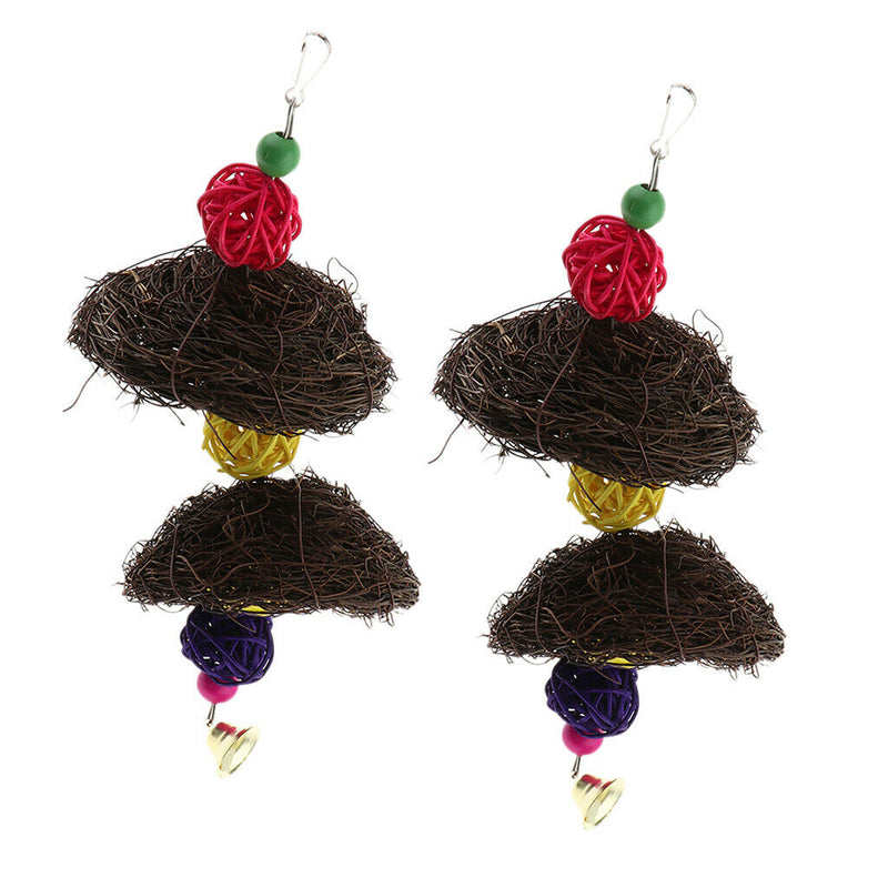 2 x Hanging Parrot Chewing Toys with A Bell - Multicolored Rattan Blocks Tearing