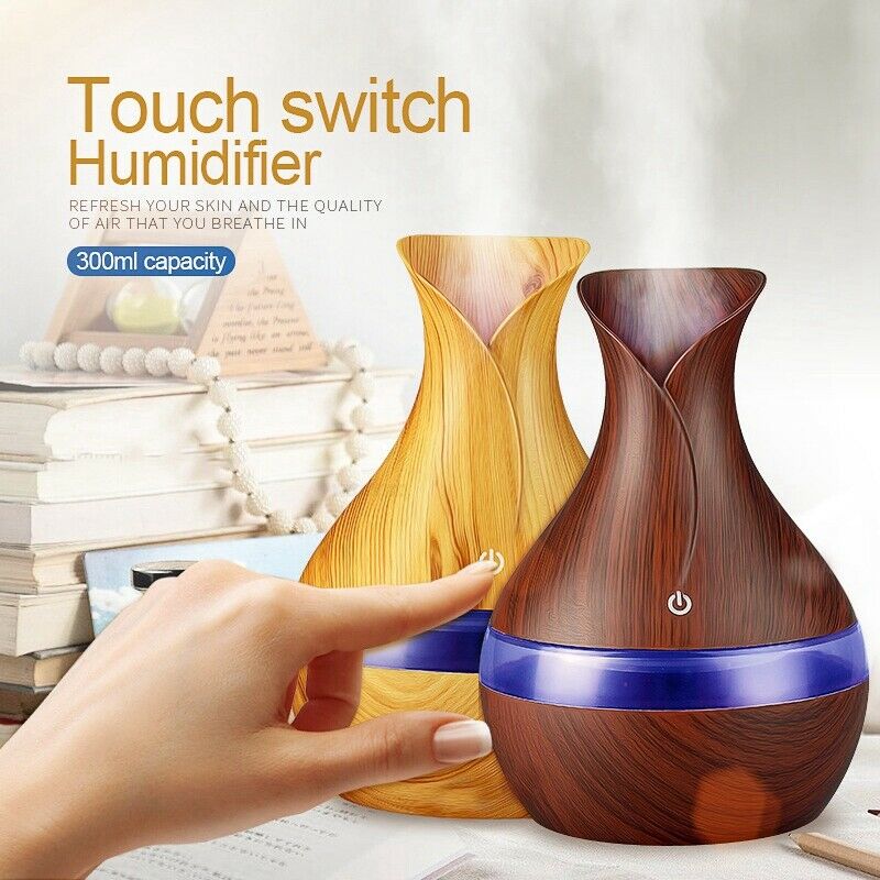 300 Ml Ultrasonic Air Humidifier Aroma Essential Oil Diffuser With Wood Gra X7P6