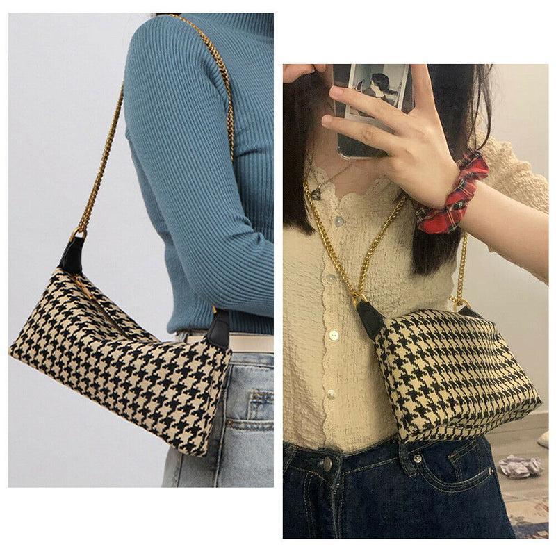 Retro Canvas Shoulder Chain Bag Women Elegant Plaid Pattern Crossbody Purse