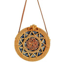 Women Handwoven Rattan Round Bag Shoulder Leather Straps For Outdoor Leisur