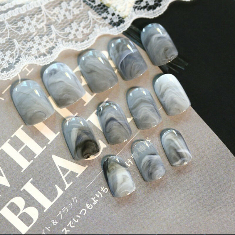 24 pcs Grey Marble fingernail tips Short False Nails Acrylic Full Cover New Hot