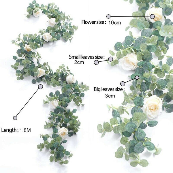 Artificial 1.8M Eucalyptus Garland with Champagne Roses Greenery Garland Eu W6W6
