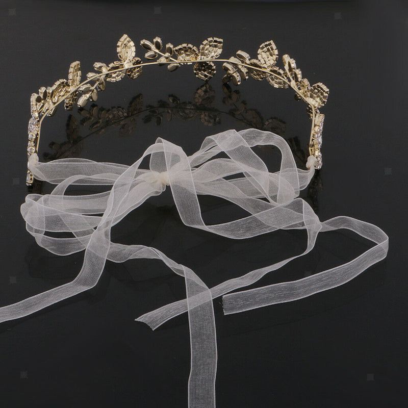 Gorgeous Ladies Girls Leaf Crystal Hair Band with Ribbon Headwear