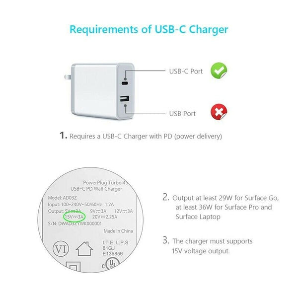 0.2M Female USB-C Charging Cable for Surface Pro 6/5/4/3 Surface Laptop 1/2,L9C3
